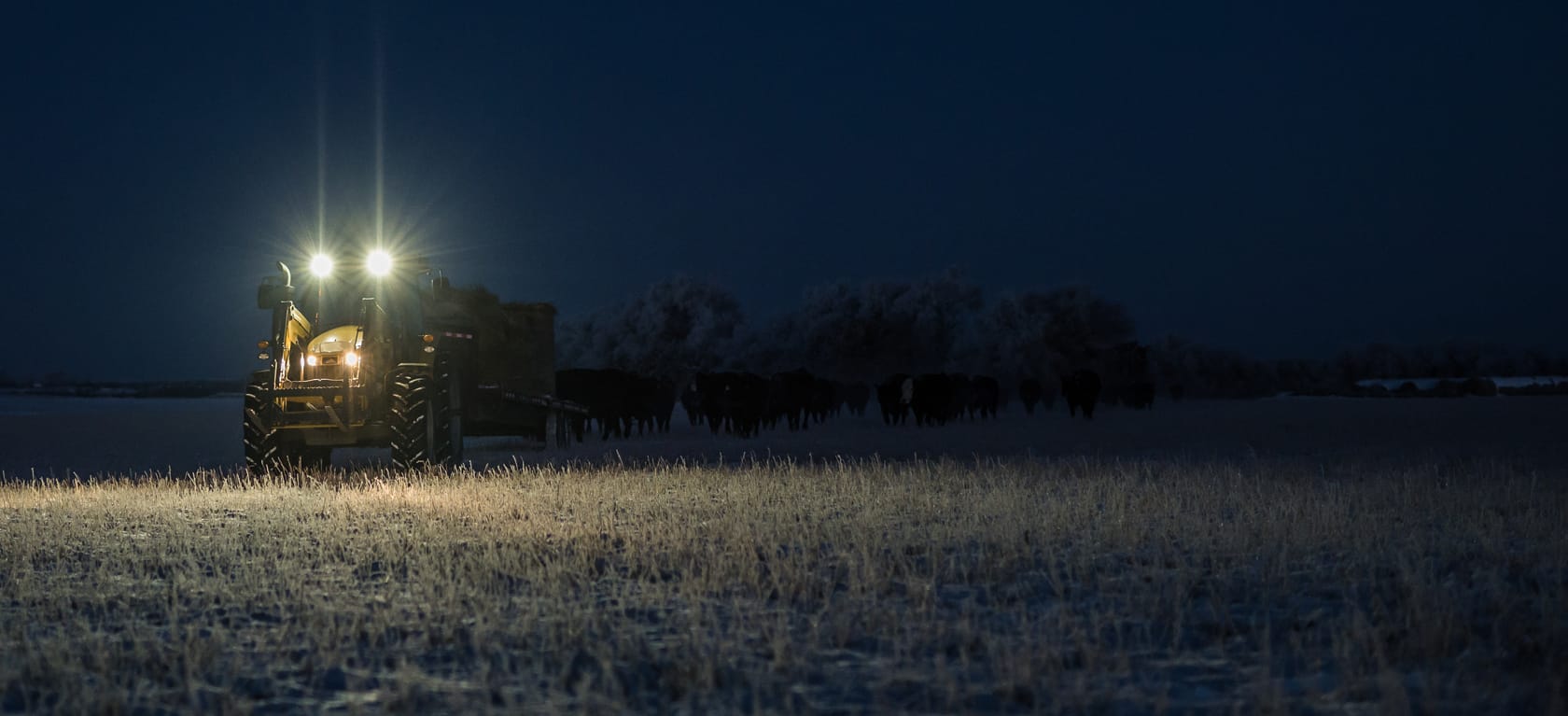 tractor in the field at night