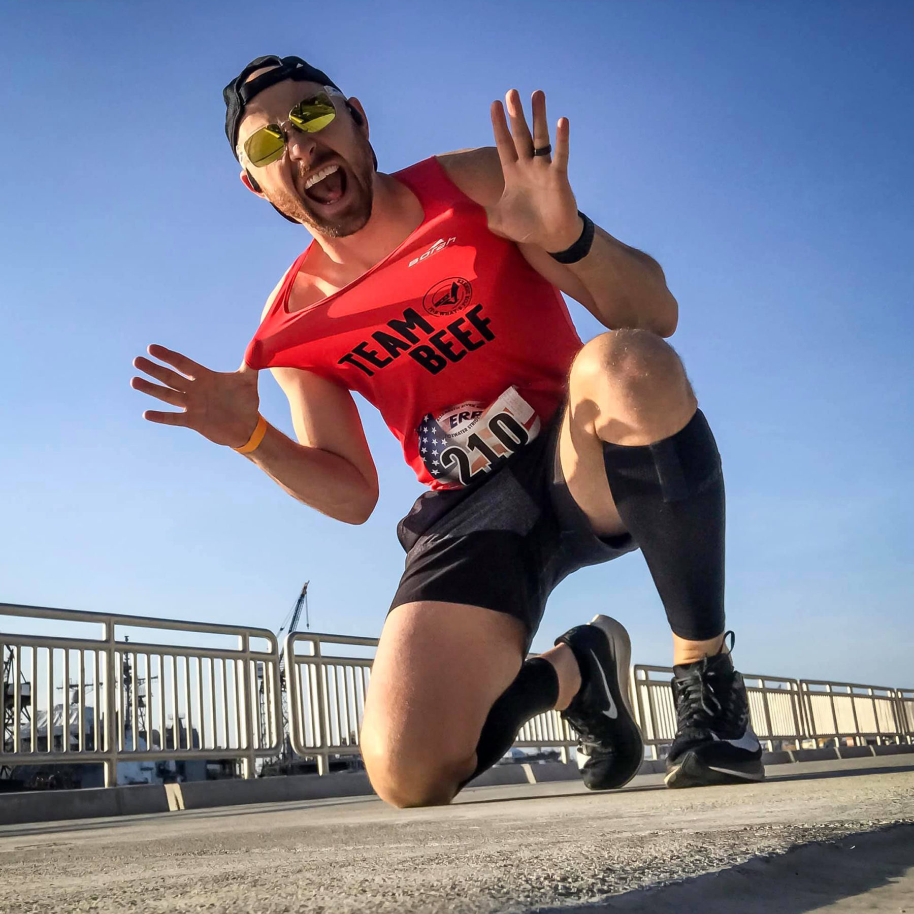 runner wearing team beef shirt