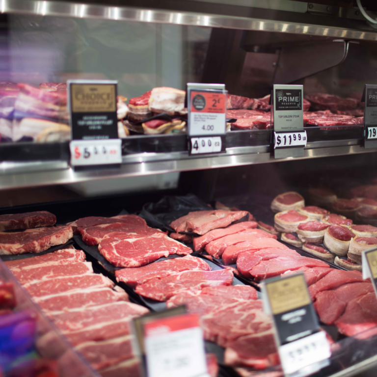 Image of steaks in a meat case in a grocery story
