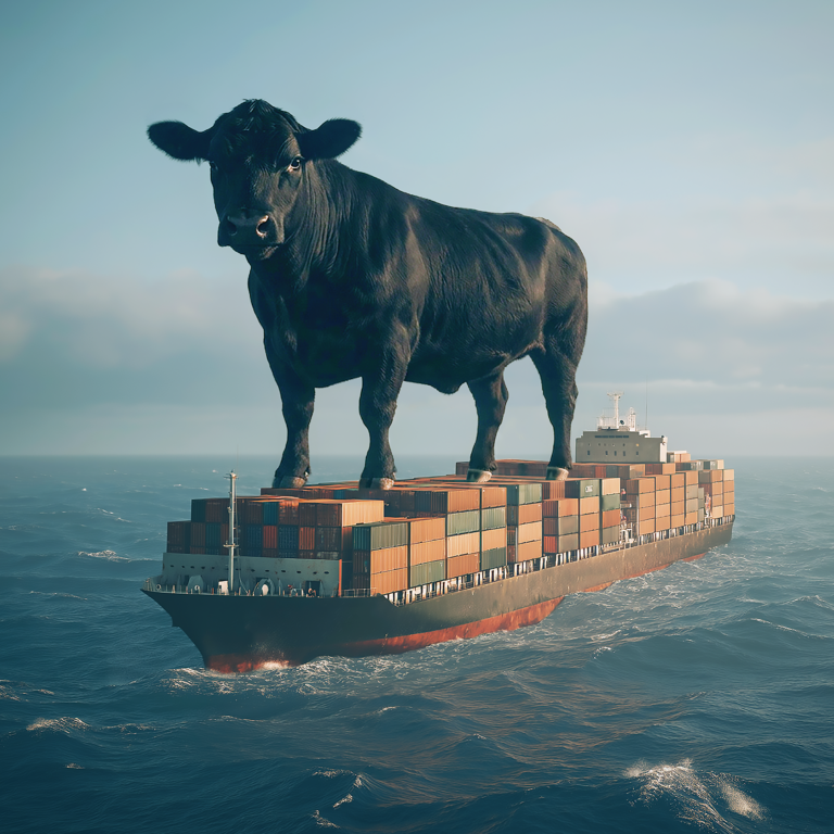Image of a black cow on a barge